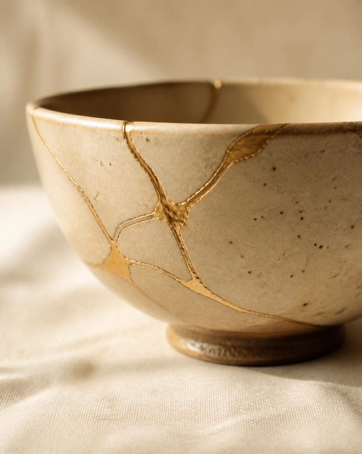 Ciotola kintsugi riparata con vene d'oro: il trauma è da dove passa la luce